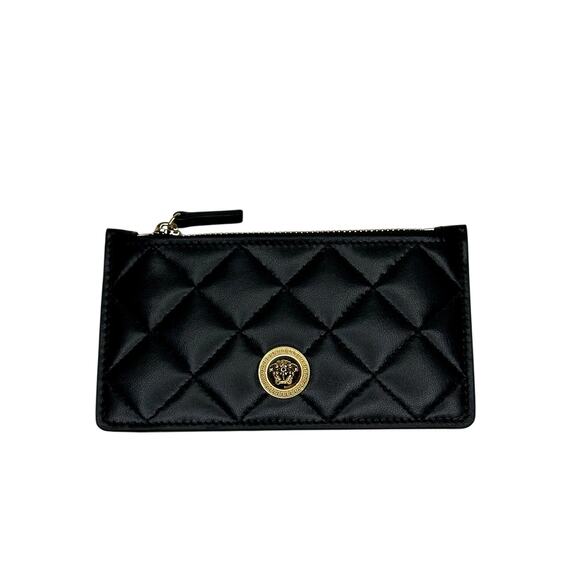 Versace Medusa Card Case Holder Wallet Black Quilted Leather Top Zip NIB - Picture 1 of 10